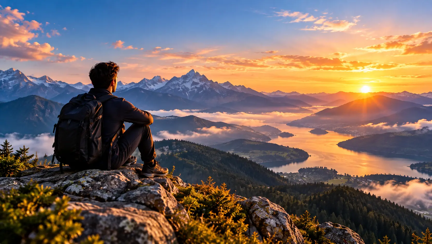A person looking over mountains at sunrise