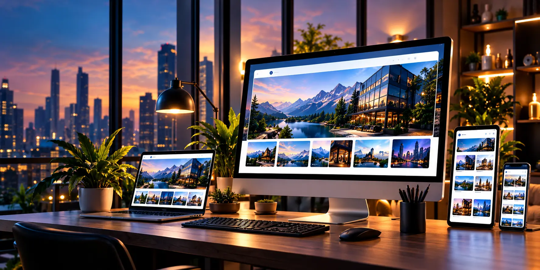 Modern workspace showing a website design across desktop, laptop, tablet and phone