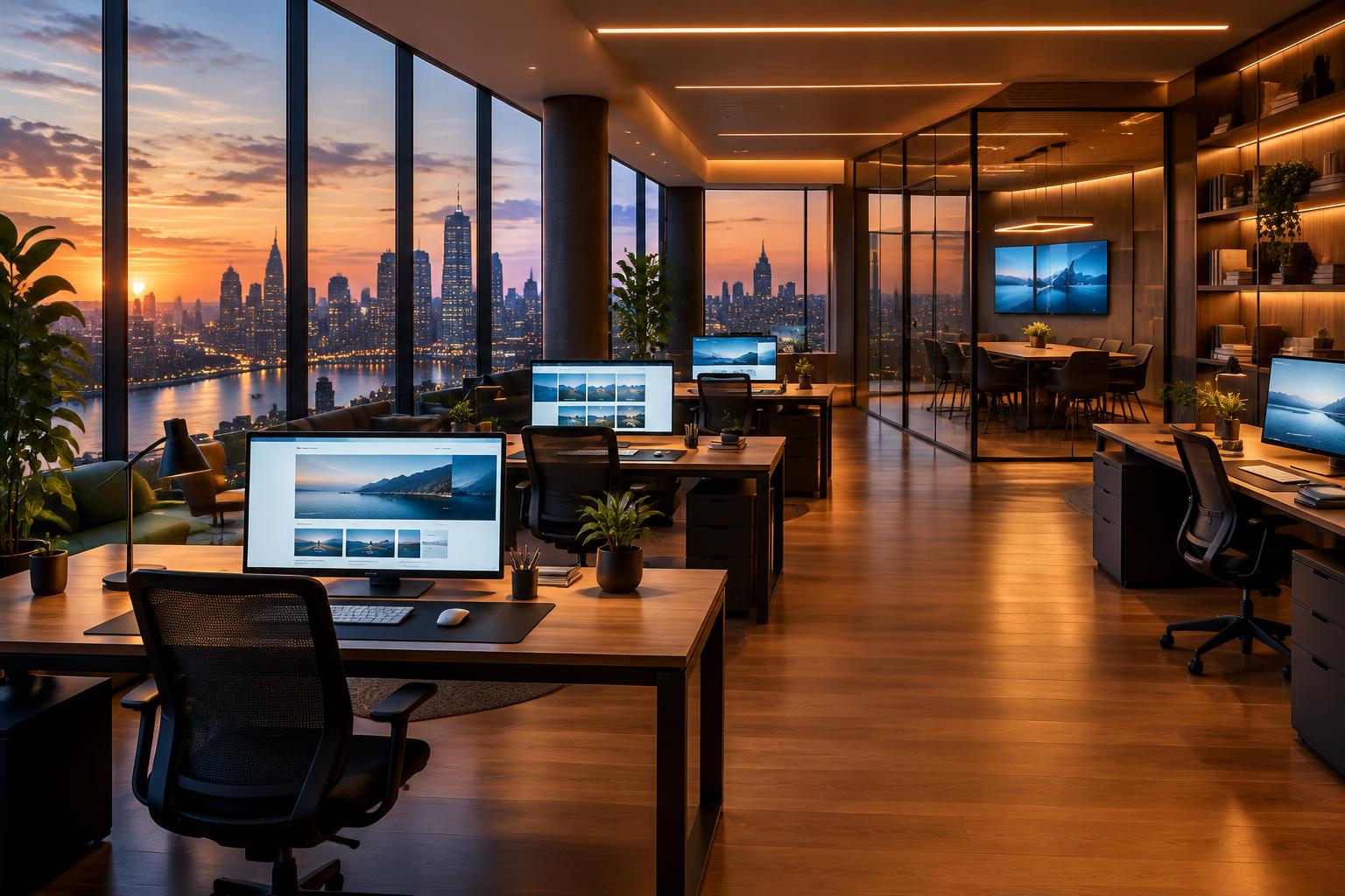 Creative studio with website designs on monitors beside a city skyline